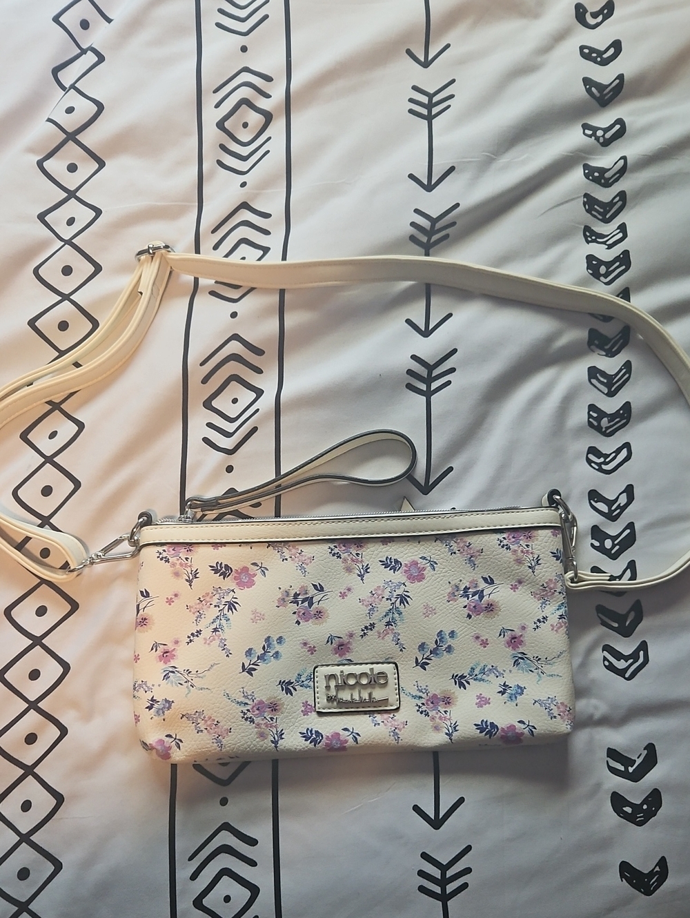 Nicole Miller Floral Crossbody Bag in Cream with Pink and Purple Accents